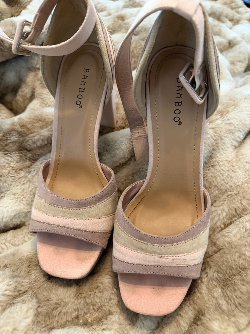 BAMBOO Pink & Cream Striped Ankle Strap Block Heels